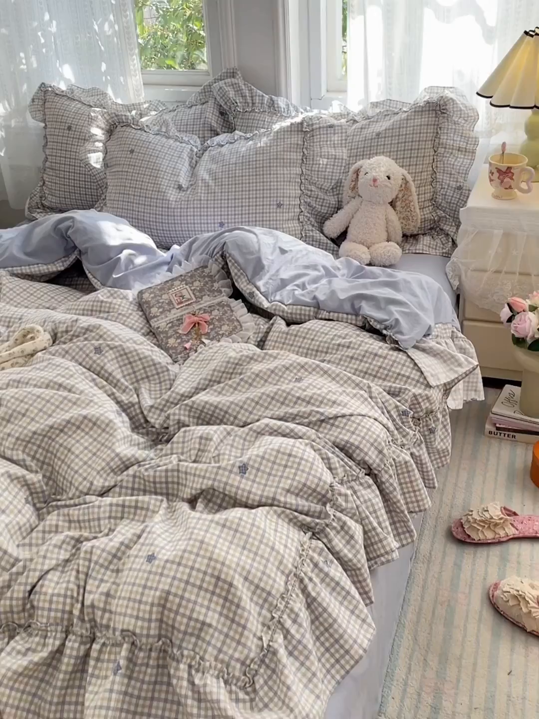 91家纺网 家纺一手货源 找家纺 优佳优品 2026新款A类仿棉水洗法式工艺花边四件套 格纹河畔