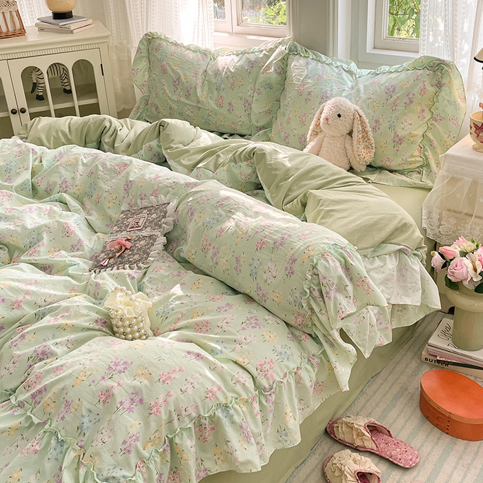 91家纺网 家纺一手货源 找家纺 优佳优品 2026新款A类仿棉水洗法式工艺花边四件套 花开半夏