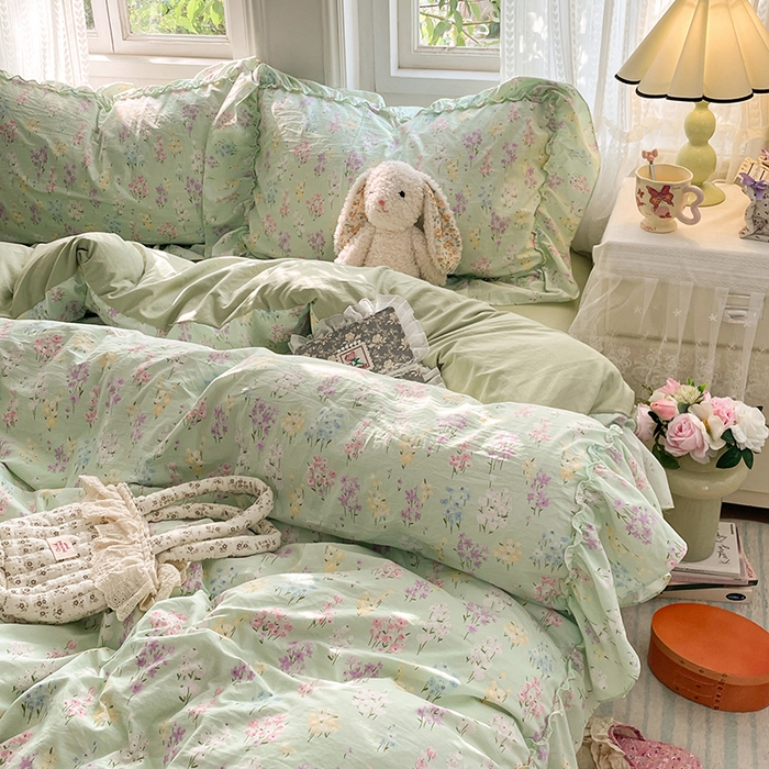 91家纺网 家纺一手货源 找家纺 优佳优品 2026新款A类仿棉水洗法式工艺花边四件套 花开半夏