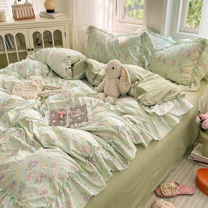 91家纺网 家纺一手货源 找家纺 优佳优品 2026新款A类仿棉水洗法式工艺花边四件套 花开半夏