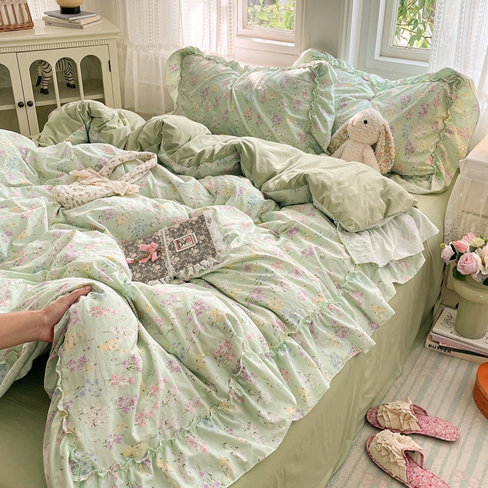 91家纺网 家纺一手货源 找家纺 优佳优品 2026新款A类仿棉水洗法式工艺花边四件套 花开半夏