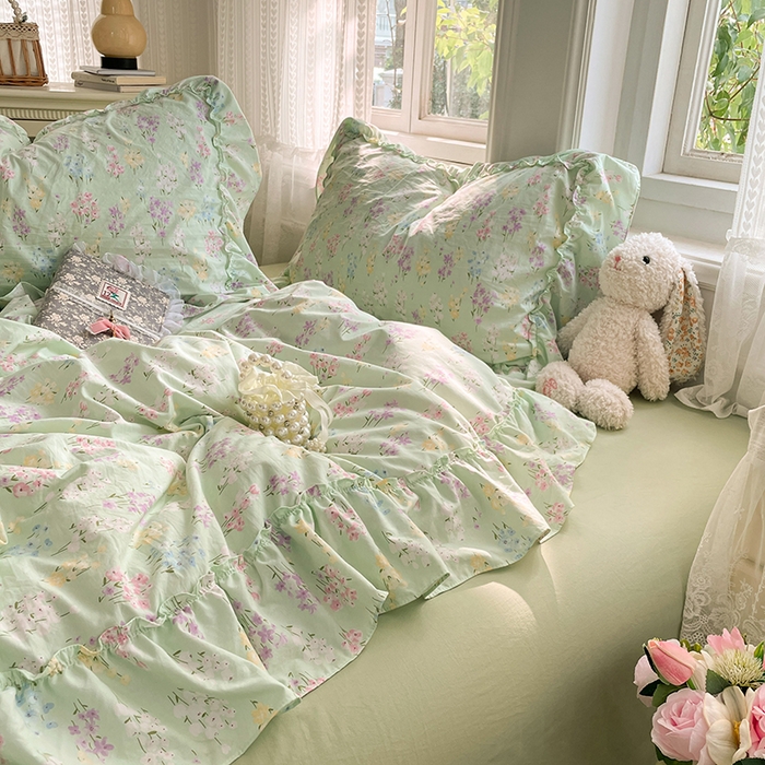 91家纺网 家纺一手货源 找家纺 优佳优品 2026新款A类仿棉水洗法式工艺花边四件套 花开半夏