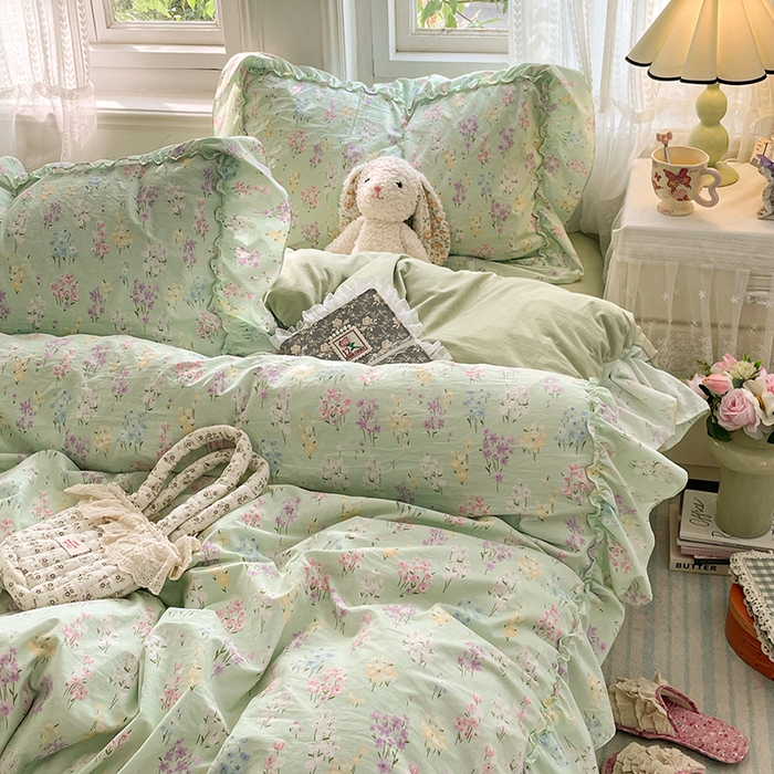 91家纺网 家纺一手货源 找家纺 优佳优品 2026新款A类仿棉水洗法式工艺花边四件套 花开半夏