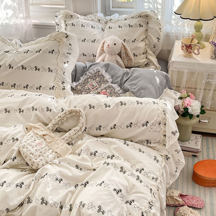 91家纺网 家纺一手货源 找家纺 优佳优品 2026新款A类仿棉水洗法式工艺花边四件套 金马转运