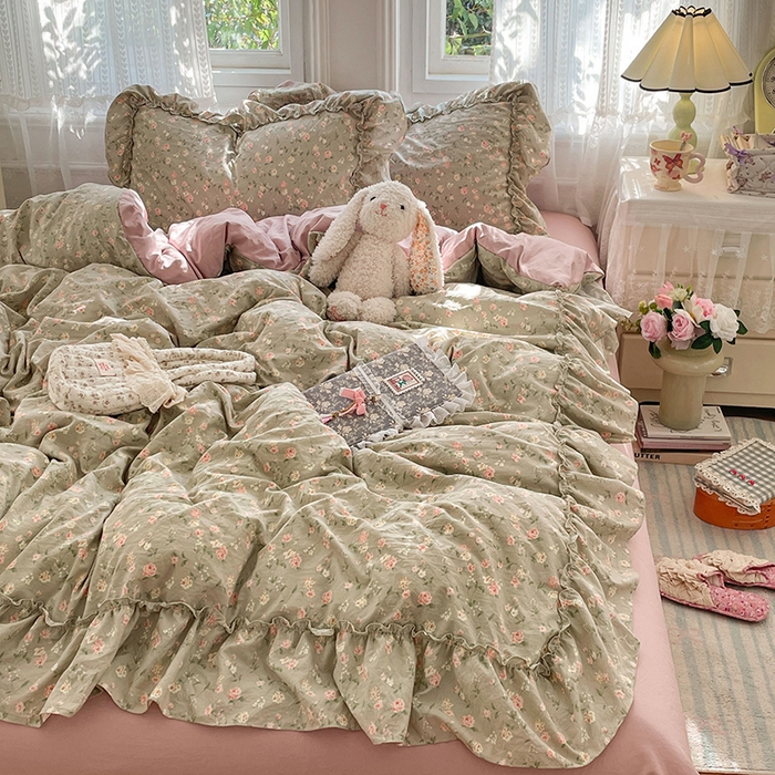 91家纺网 家纺一手货源 找家纺 优佳优品 2026新款A类仿棉水洗法式工艺花边四件套 曼塔蔷薇