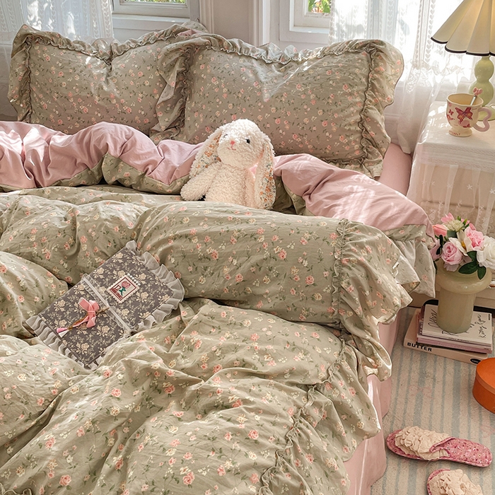 91家纺网 家纺一手货源 找家纺 优佳优品 2026新款A类仿棉水洗法式工艺花边四件套 曼塔蔷薇