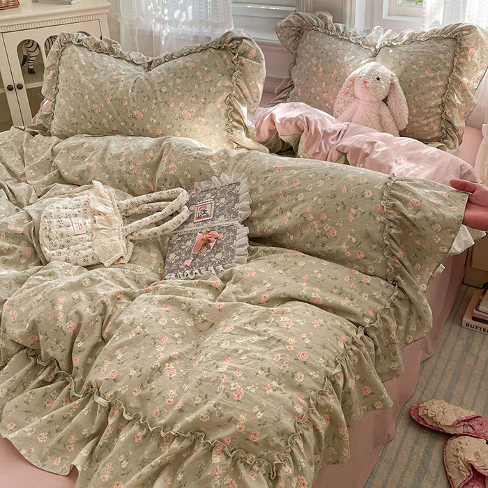 91家纺网 家纺一手货源 找家纺 优佳优品 2026新款A类仿棉水洗法式工艺花边四件套 曼塔蔷薇