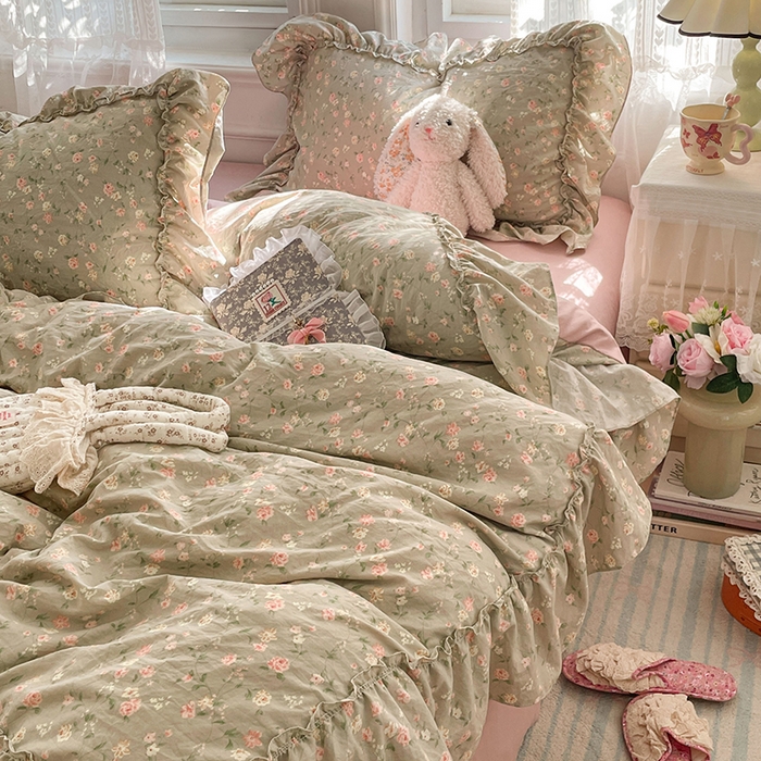 91家纺网 家纺一手货源 找家纺 优佳优品 2026新款A类仿棉水洗法式工艺花边四件套 曼塔蔷薇