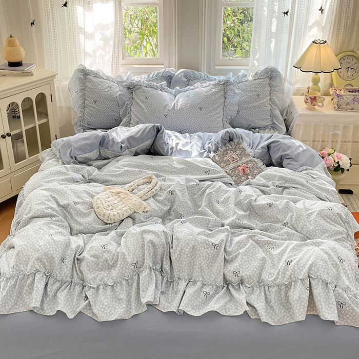 91家纺网 家纺一手货源 找家纺 优佳优品 2026新款A类仿棉水洗法式工艺花边四件套 奶蓝碟语