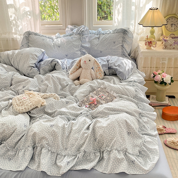 91家纺网 家纺一手货源 找家纺 优佳优品 2026新款A类仿棉水洗法式工艺花边四件套 奶蓝碟语