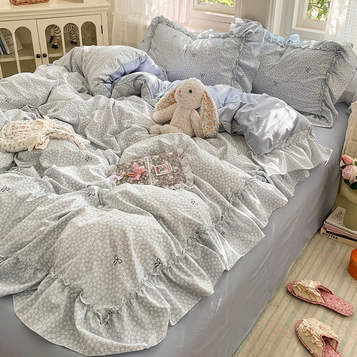 91家纺网 家纺一手货源 找家纺 优佳优品 2026新款A类仿棉水洗法式工艺花边四件套 奶蓝碟语