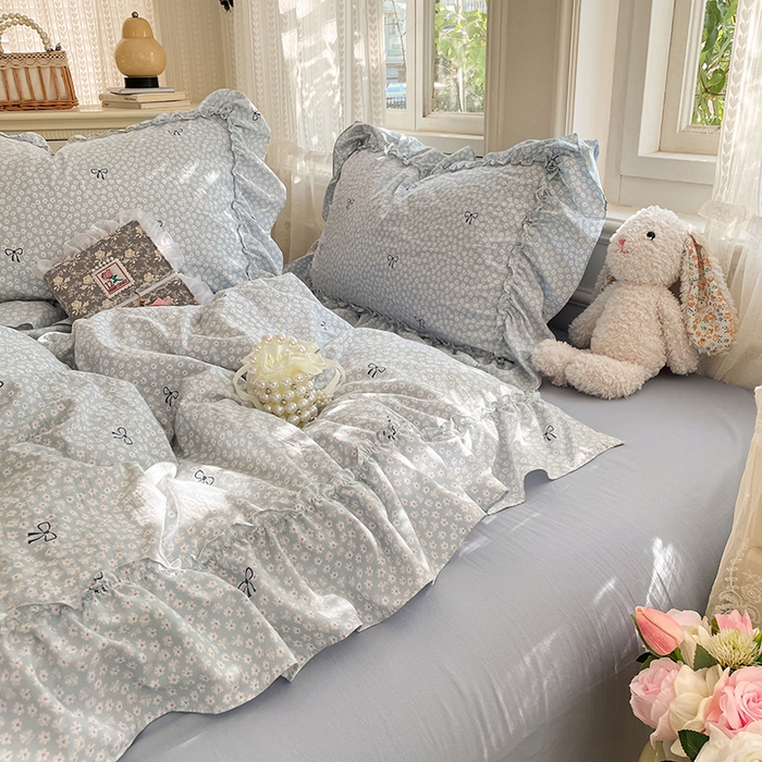 91家纺网 家纺一手货源 找家纺 优佳优品 2026新款A类仿棉水洗法式工艺花边四件套 奶蓝碟语