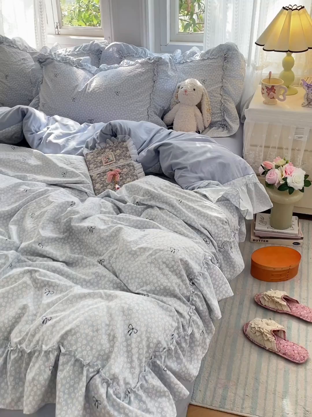 91家纺网 家纺一手货源 找家纺 优佳优品 2026新款A类仿棉水洗法式工艺花边四件套 奶蓝碟语