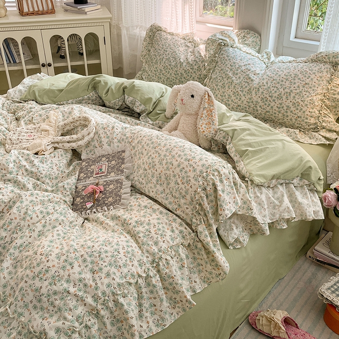 91家纺网 家纺一手货源 找家纺 优佳优品 2026新款A类仿棉水洗法式工艺花边四件套 青樱花梦