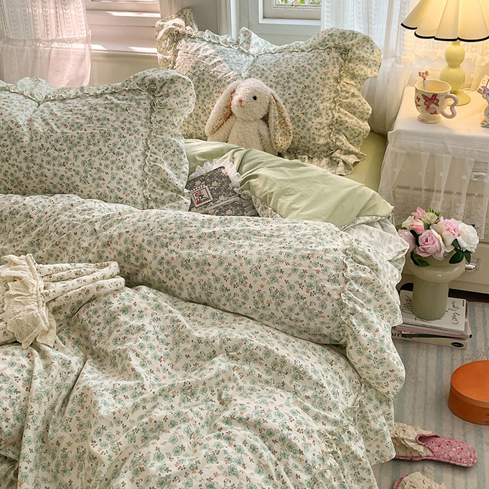 91家纺网 家纺一手货源 找家纺 优佳优品 2026新款A类仿棉水洗法式工艺花边四件套 青樱花梦