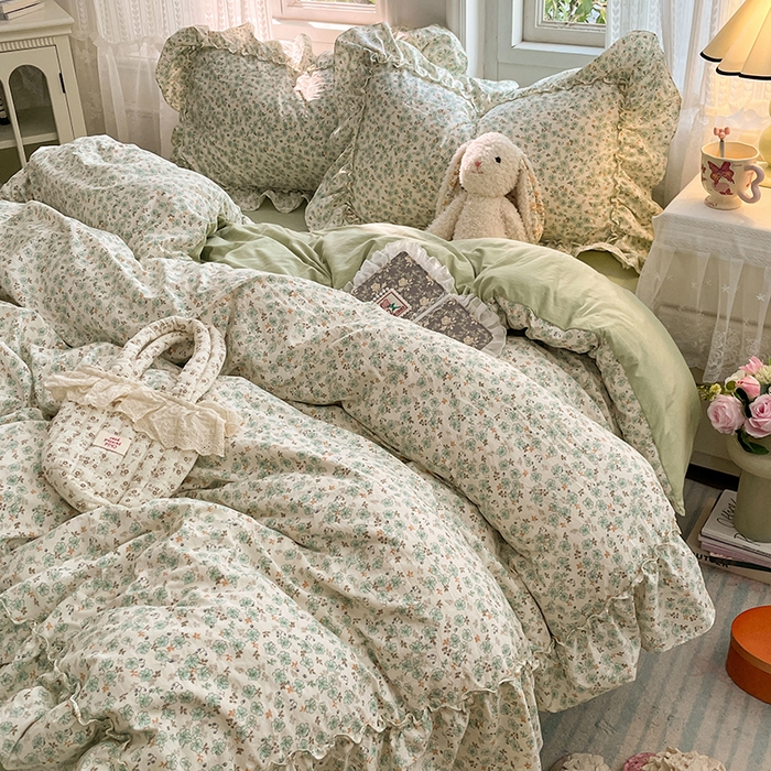 91家纺网 家纺一手货源 找家纺 优佳优品 2026新款A类仿棉水洗法式工艺花边四件套 青樱花梦