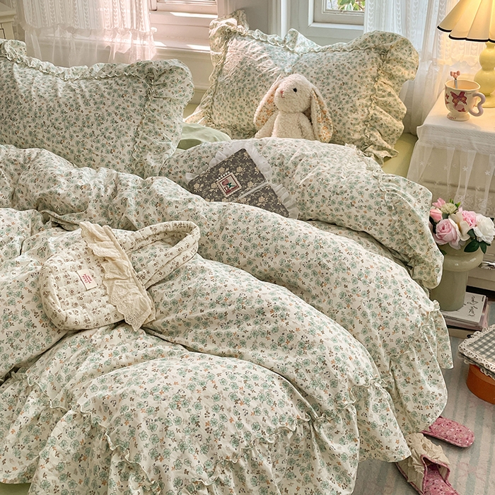 91家纺网 家纺一手货源 找家纺 优佳优品 2026新款A类仿棉水洗法式工艺花边四件套 青樱花梦