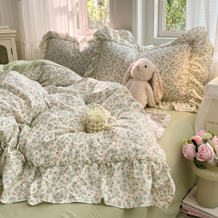 91家纺网 家纺一手货源 找家纺 优佳优品 2026新款A类仿棉水洗法式工艺花边四件套 青樱花梦