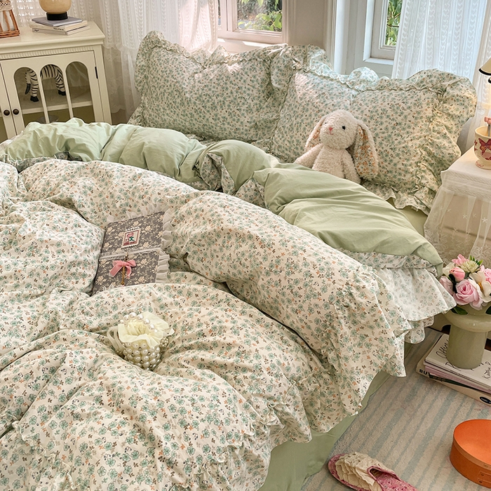 91家纺网 家纺一手货源 找家纺 优佳优品 2026新款A类仿棉水洗法式工艺花边四件套 青樱花梦