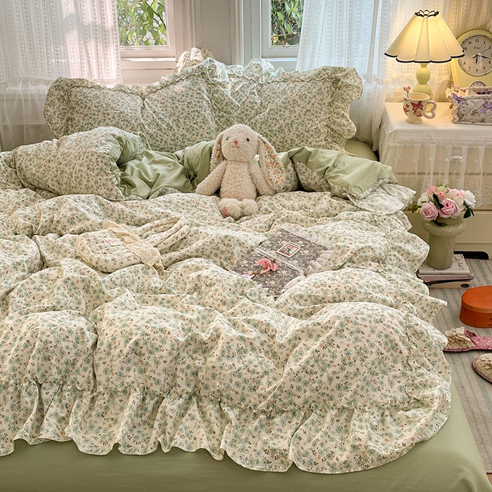 91家纺网 家纺一手货源 找家纺 优佳优品 2026新款A类仿棉水洗法式工艺花边四件套 青樱花梦