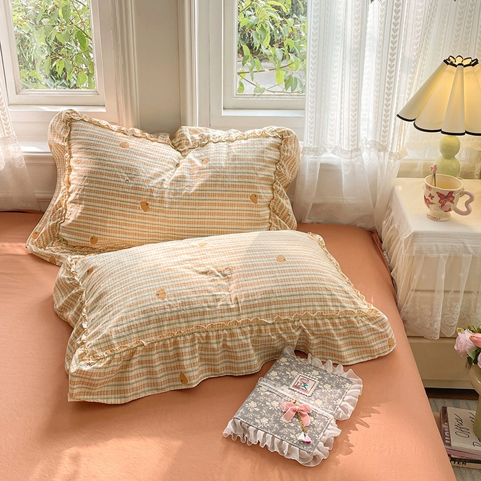 91家纺网 家纺一手货源 找家纺 优佳优品 2026新款A类仿棉水洗法式工艺花边四件套 甜瓜条纹