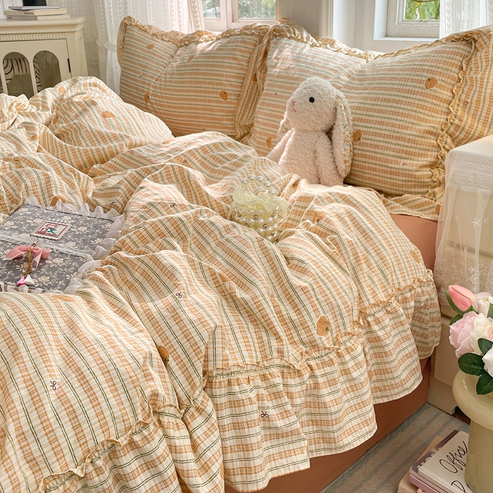 91家纺网 家纺一手货源 找家纺 优佳优品 2026新款A类仿棉水洗法式工艺花边四件套 甜瓜条纹