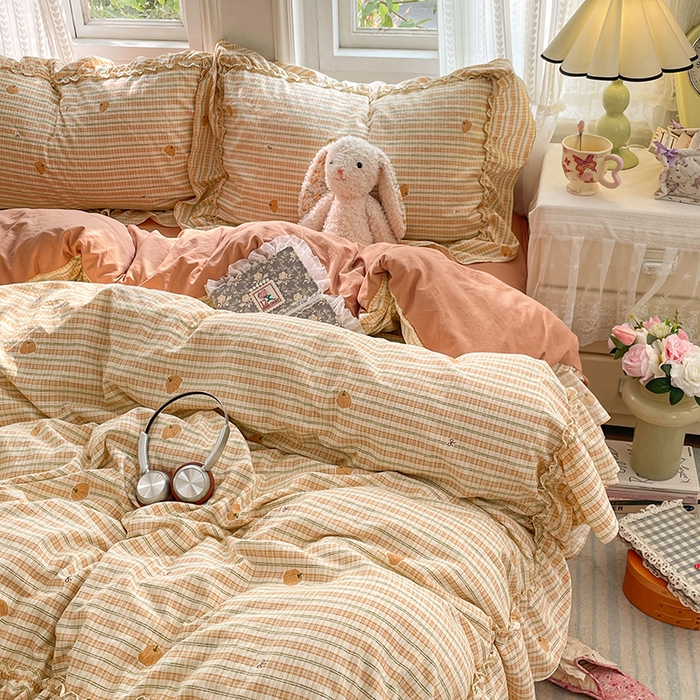 91家纺网 家纺一手货源 找家纺 优佳优品 2026新款A类仿棉水洗法式工艺花边四件套 甜瓜条纹