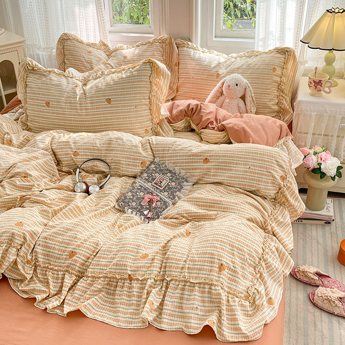 91家纺网 家纺一手货源 找家纺 优佳优品 2026新款A类仿棉水洗法式工艺花边四件套 甜瓜条纹