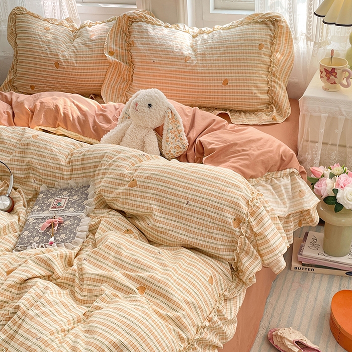 91家纺网 家纺一手货源 找家纺 优佳优品 2026新款A类仿棉水洗法式工艺花边四件套 甜瓜条纹