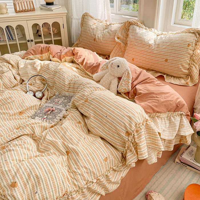 91家纺网 家纺一手货源 找家纺 优佳优品 2026新款A类仿棉水洗法式工艺花边四件套 甜瓜条纹