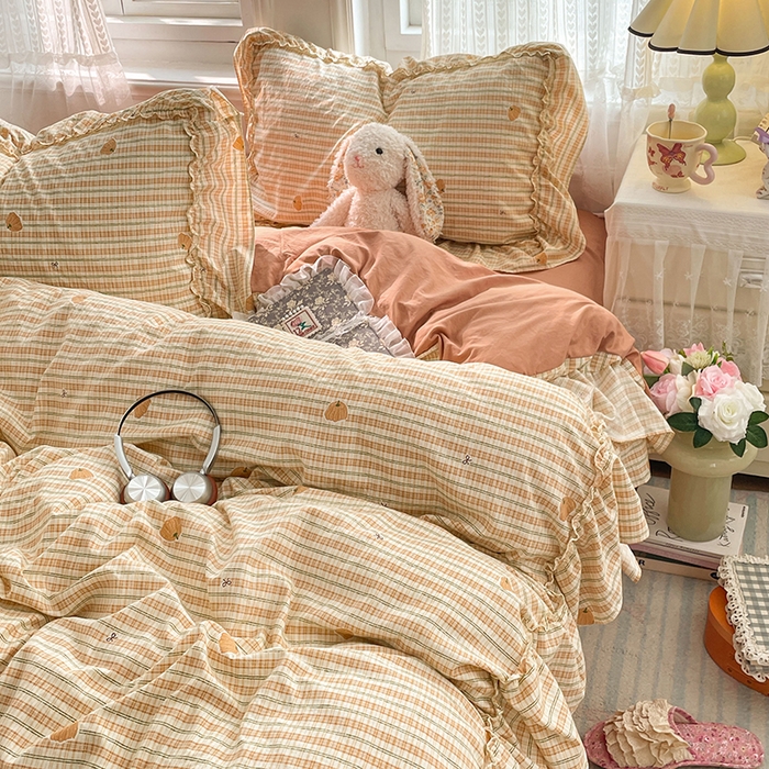 91家纺网 家纺一手货源 找家纺 优佳优品 2026新款A类仿棉水洗法式工艺花边四件套 甜瓜条纹