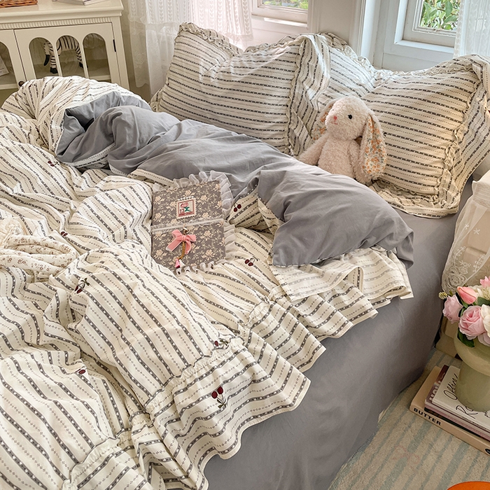 91家纺网 家纺一手货源 找家纺 优佳优品 2026新款A类仿棉水洗法式工艺花边四件套 条纹织梦