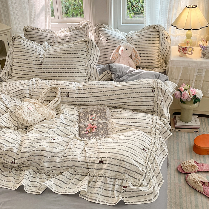 91家纺网 家纺一手货源 找家纺 优佳优品 2026新款A类仿棉水洗法式工艺花边四件套 条纹织梦