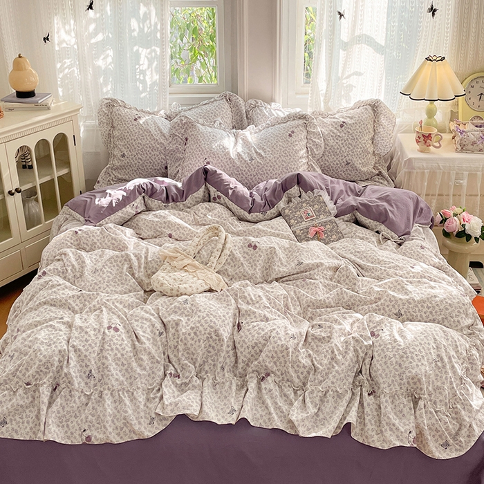 91家纺网 家纺一手货源 找家纺 优佳优品 2026新款A类仿棉水洗法式工艺花边四件套 云樱染紫