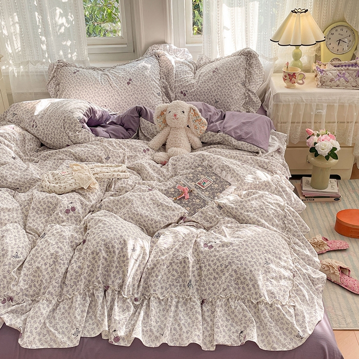 91家纺网 家纺一手货源 找家纺 优佳优品 2026新款A类仿棉水洗法式工艺花边四件套 云樱染紫