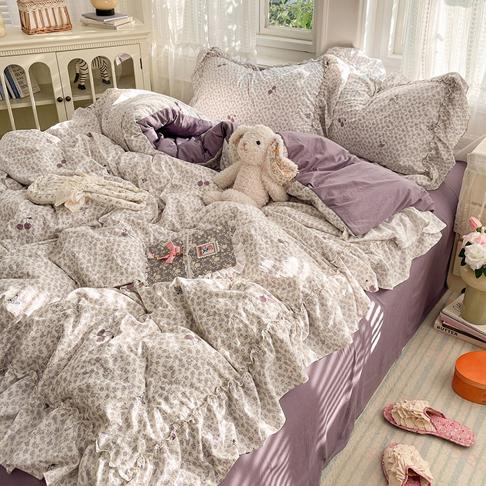 91家纺网 家纺一手货源 找家纺 优佳优品 2026新款A类仿棉水洗法式工艺花边四件套 云樱染紫