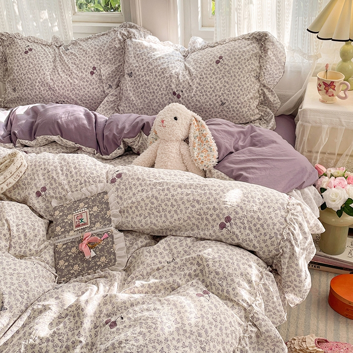 91家纺网 家纺一手货源 找家纺 优佳优品 2026新款A类仿棉水洗法式工艺花边四件套 云樱染紫