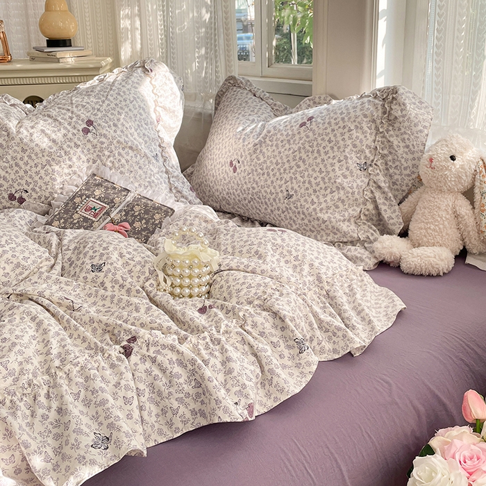 91家纺网 家纺一手货源 找家纺 优佳优品 2026新款A类仿棉水洗法式工艺花边四件套 云樱染紫