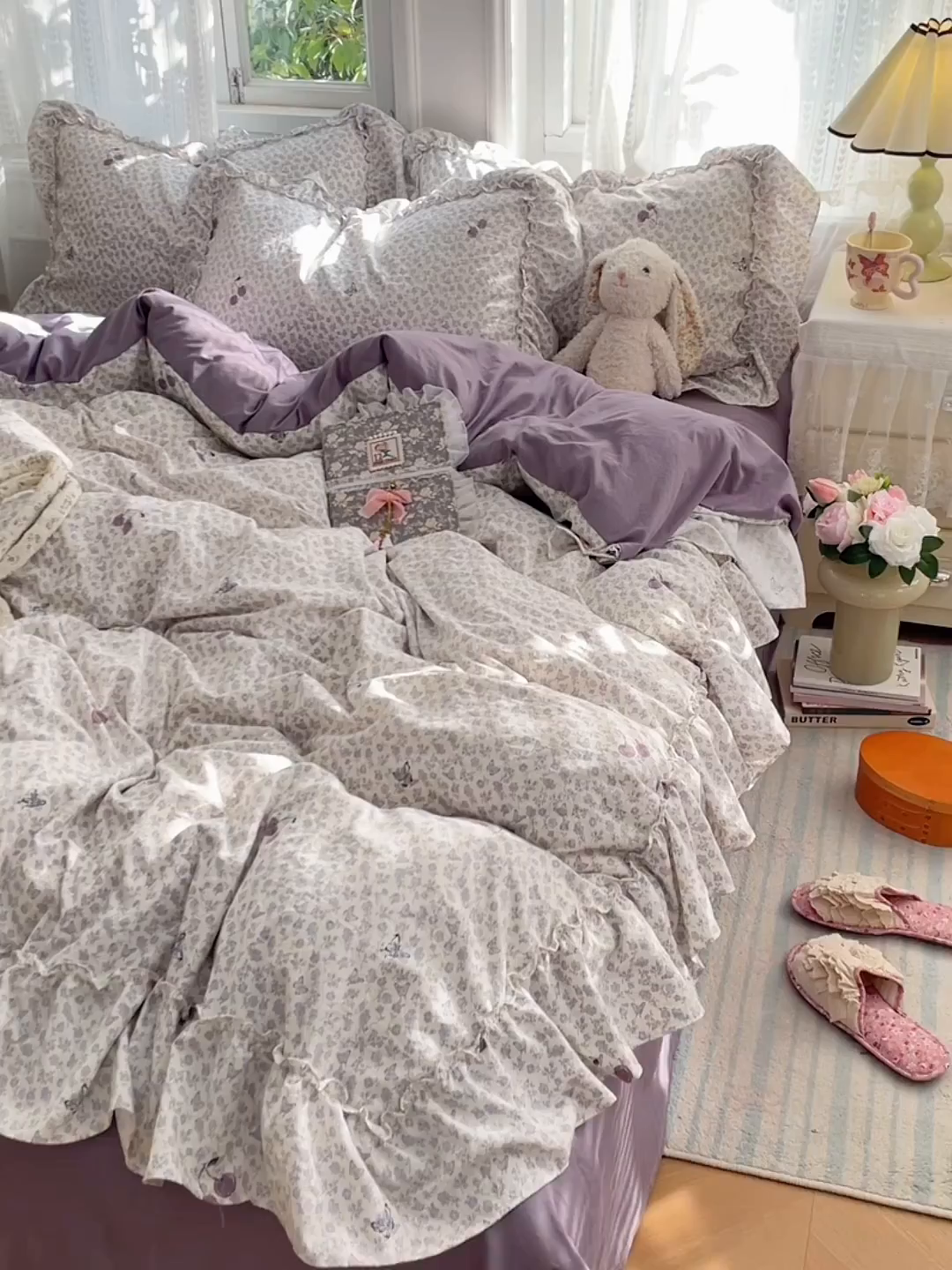 91家纺网 家纺一手货源 找家纺 优佳优品 2026新款A类仿棉水洗法式工艺花边四件套 云樱染紫