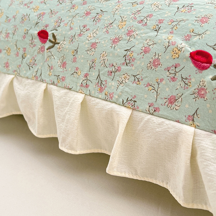 91家纺网 家纺一手货源 找家纺 圣比熊 2026新款A类云朵棉刺绣花边枕套宿舍情侣绣花双人加长枕芯内胆套 薄荷之夏（刺绣款）