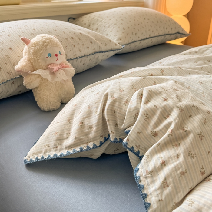 91家纺网 家纺一手货源 找家纺 对白 2026新款A类全棉纯棉有氧双层纱贝壳边三角针单被套被套单件 花颜-蓝