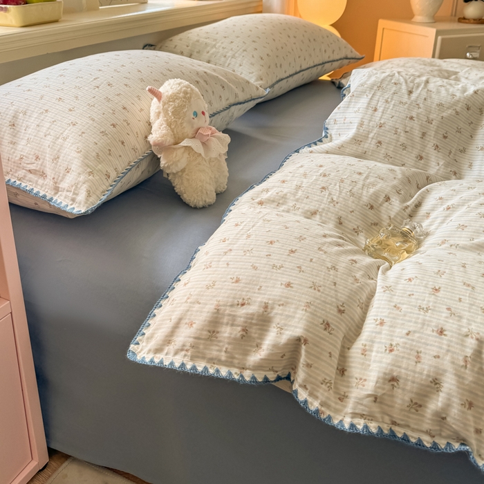 91家纺网 家纺一手货源 找家纺 对白 2026新款A类全棉纯棉有氧双层纱贝壳边三角针单被套被套单件 花颜-蓝