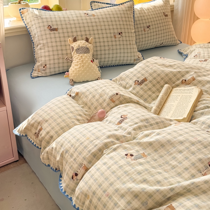 91家纺网 家纺一手货源 找家纺 对白 2026新款A类全棉纯棉有氧双层纱贝壳边三角针单被套被套单件 方格小狗