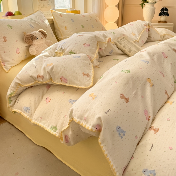 91家纺网 家纺一手货源 找家纺 对白 2026新款A类全棉纯棉有氧双层纱贝壳边三角针单被套被套单件 七彩小恐龙