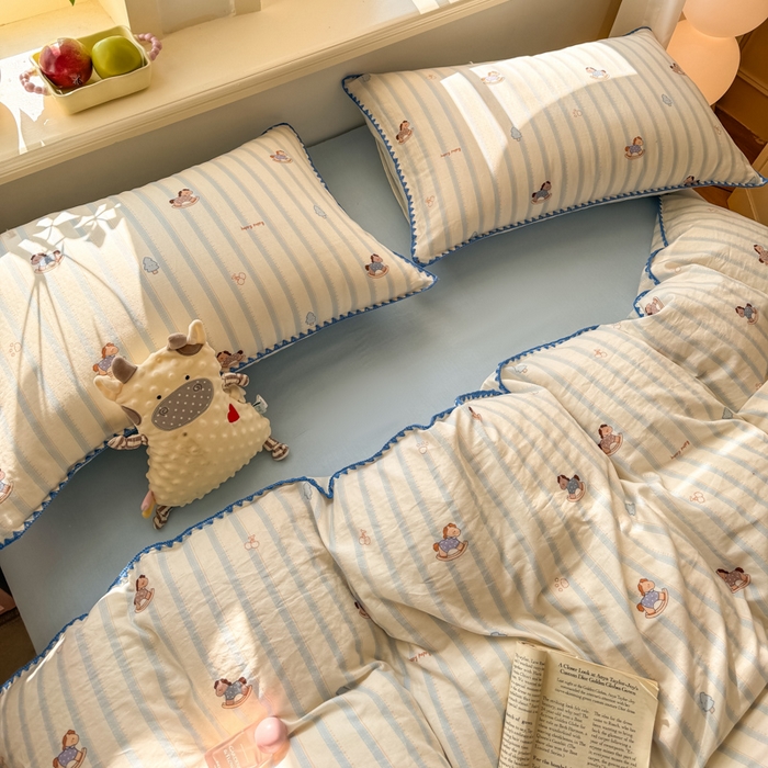 91家纺网 家纺一手货源 找家纺 对白 2026新款A类全棉纯棉有氧双层纱贝壳边三角针单被套被套单件 摇摇马