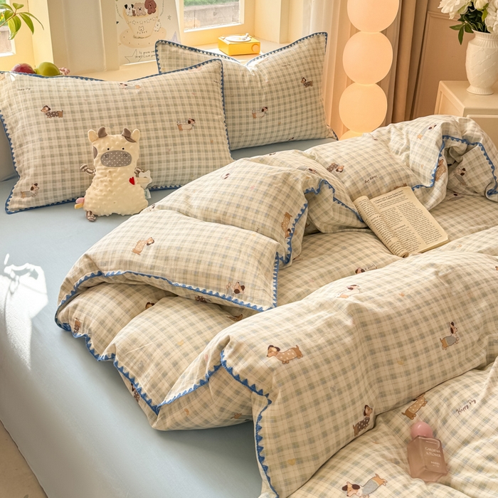 91家纺网 家纺一手货源 找家纺 对白 2026新款A类全棉纯棉有氧双层纱贝壳边三角针单被套被套单件 方格小狗