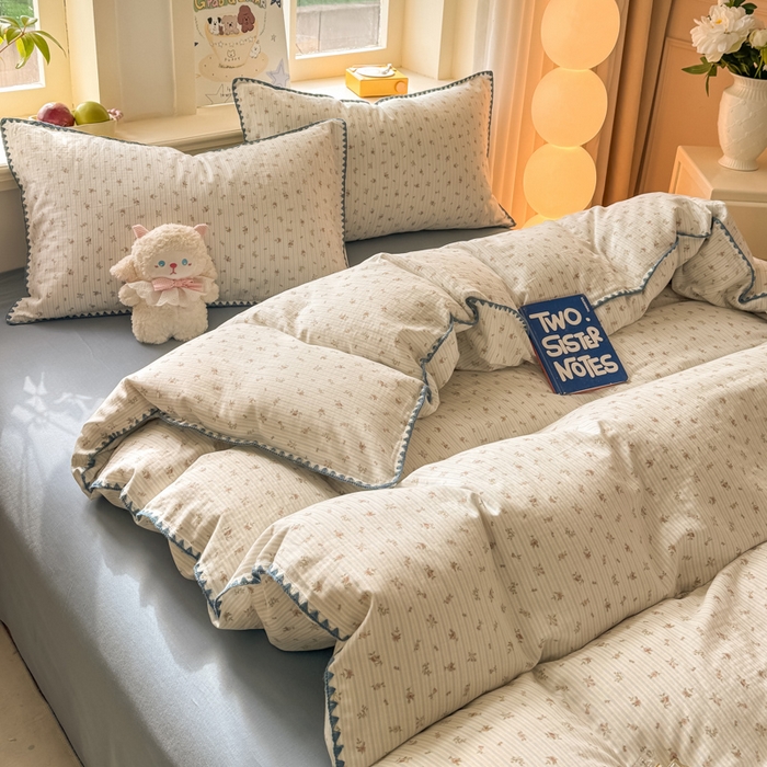 91家纺网 家纺一手货源 找家纺 对白 2026新款A类全棉纯棉有氧双层纱贝壳边三角针单被套被套单件 花颜-蓝