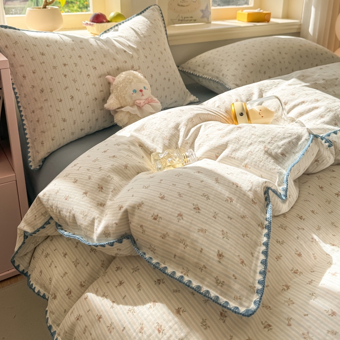 对白 2026新款A类全棉纯棉有氧双层纱贝壳边三角针单被套被套单件 花颜-蓝