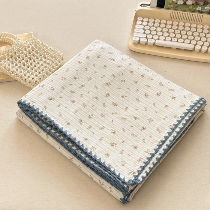 91家纺网 家纺一手货源 找家纺 对白 2026新款A类全棉纯棉有氧双层纱贝壳边三角针单被套被套单件 花颜-蓝