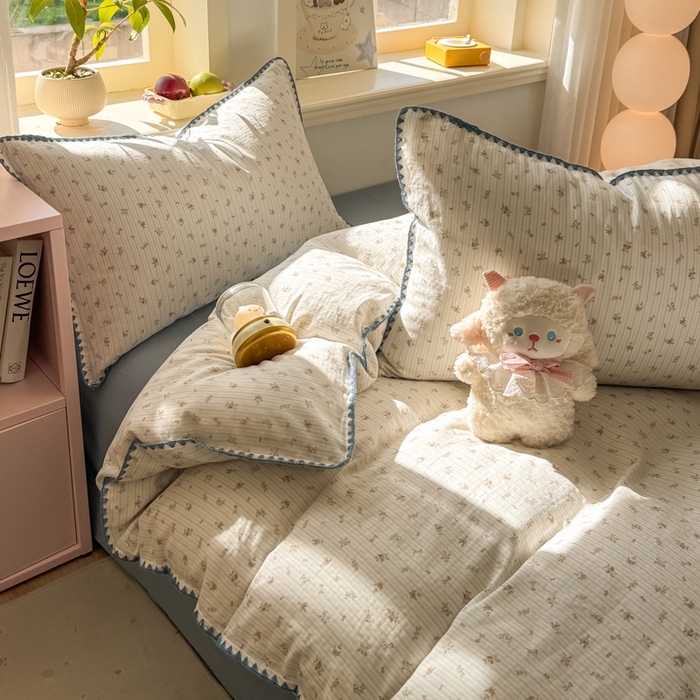 91家纺网 家纺一手货源 找家纺 对白 2026新款A类全棉纯棉有氧双层纱贝壳边三角针单被套被套单件 花颜-蓝